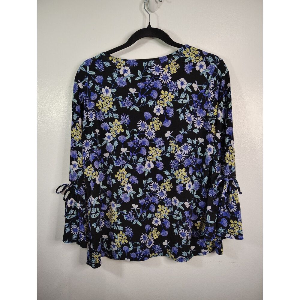Liz Claiborne Floral Blouse Medium Black Blue Bell Sleeve Tie Career Top - Picture 4 of 5